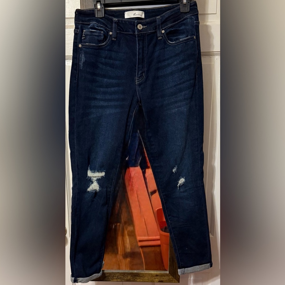 KanCan Women's Dark Blue Distressed Straight Leg Jeans